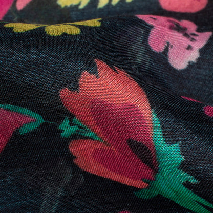 Scarmento Green And Claret Red Floral Pattern Digital Print Viscose Muslin Fabric