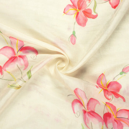 Cream And Taffy Pink Floral Pattern Digital Print Viscose Muslin Fabric