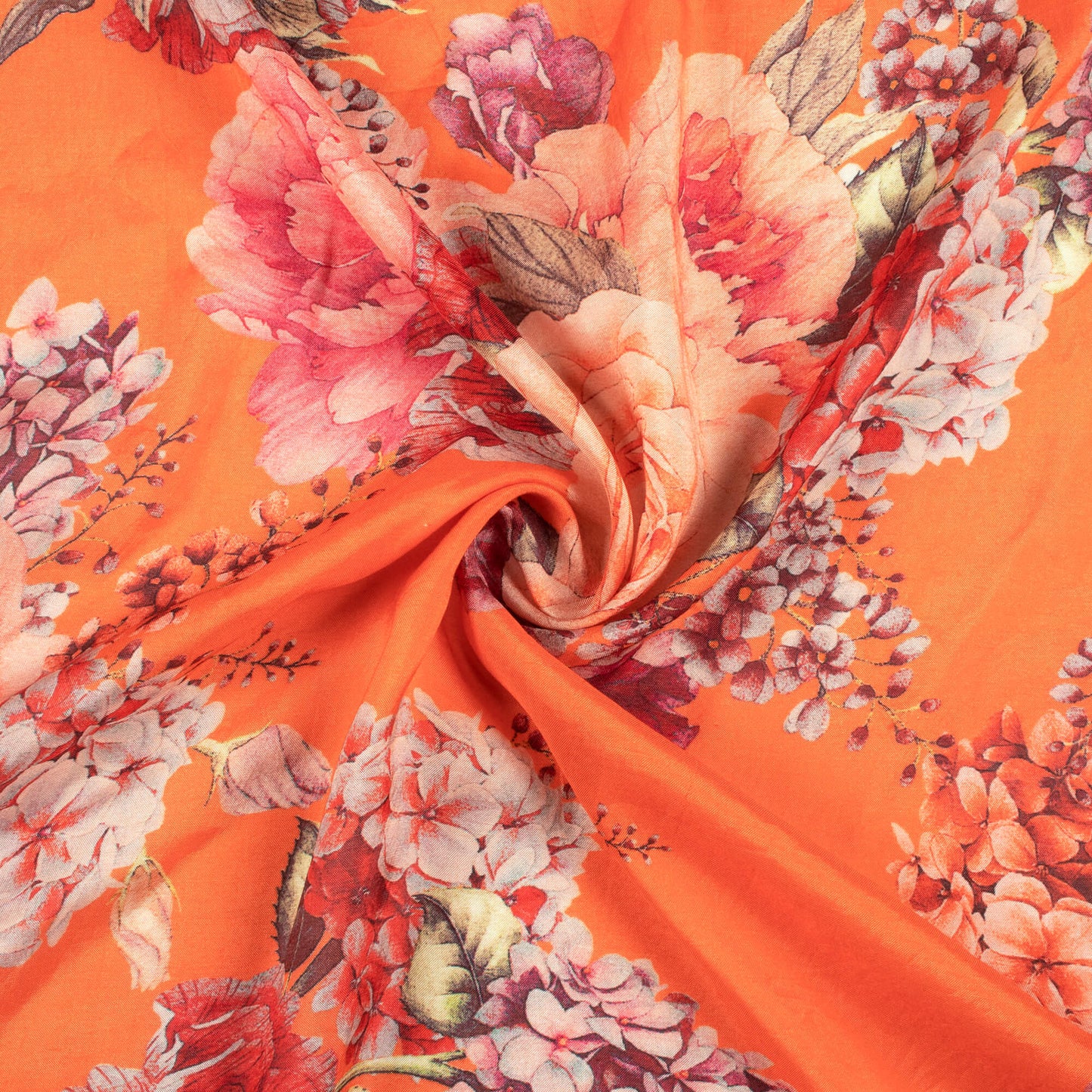 Fiery Orange And Blush Red Floral Pattern Digital Print Viscose Muslin Fabric