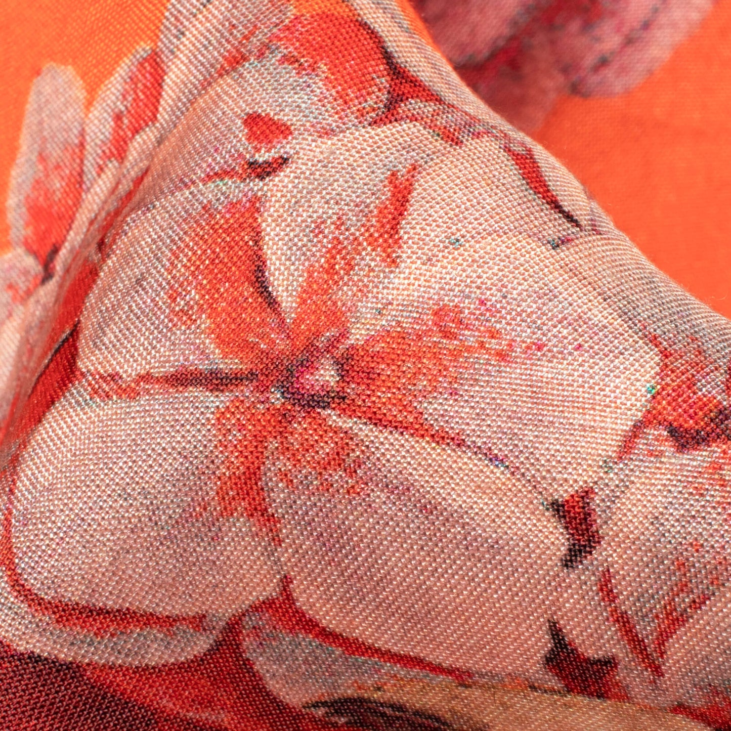 Fiery Orange And Blush Red Floral Pattern Digital Print Viscose Muslin Fabric