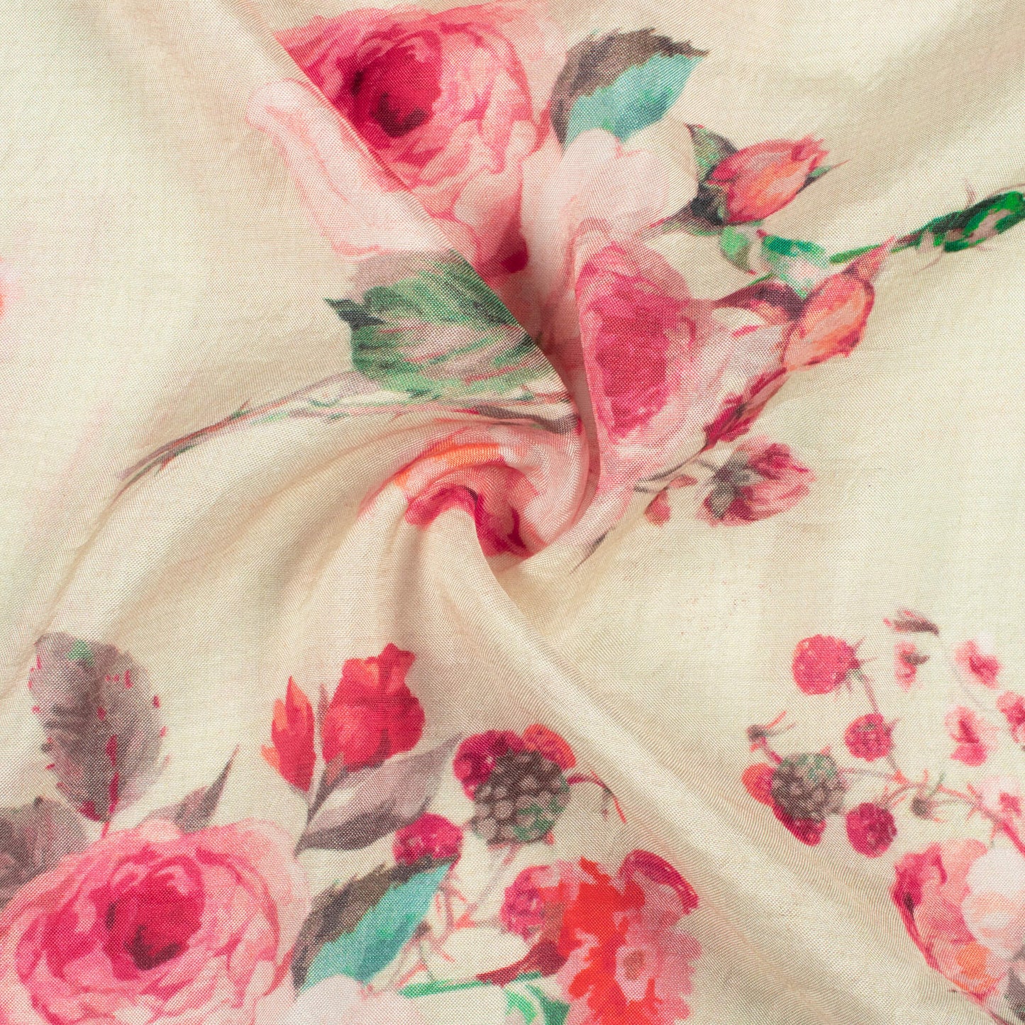 Cream And Rose Red Floral Pattern Digital Print Viscose Muslin Fabric