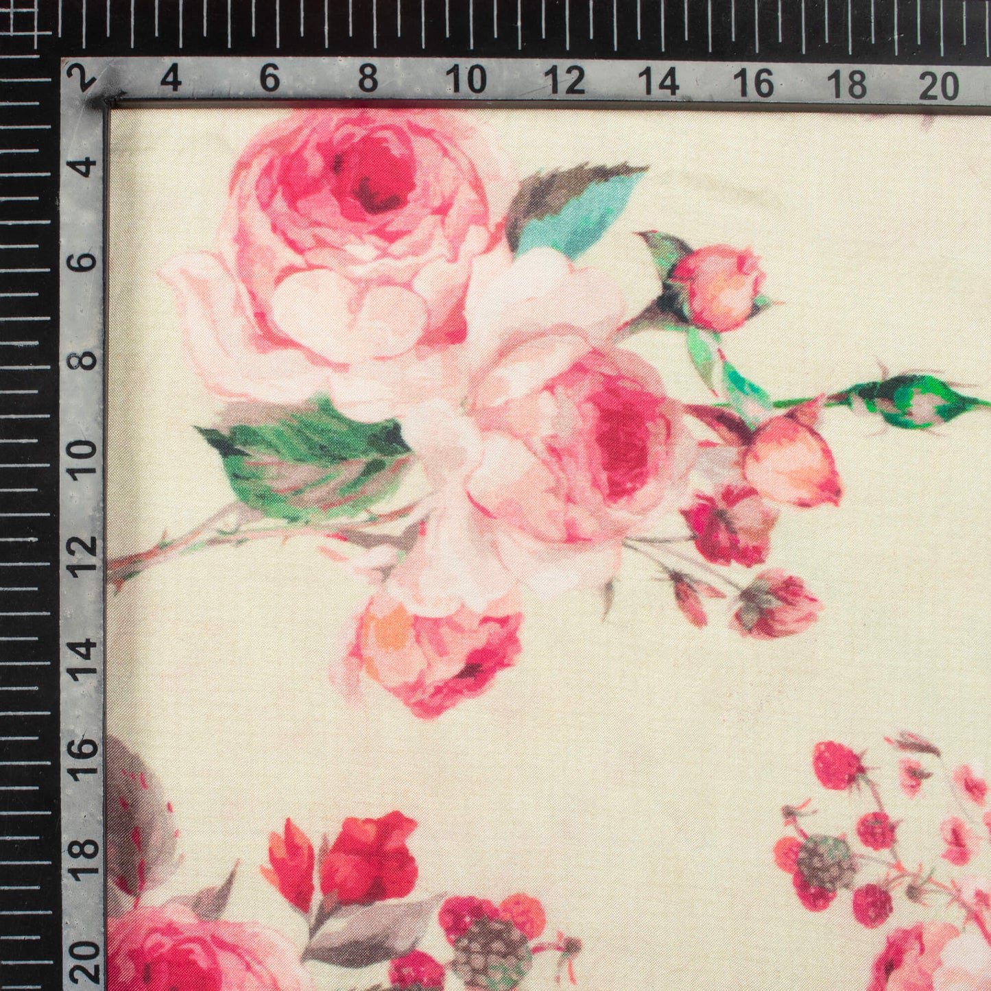 Cream And Rose Red Floral Pattern Digital Print Viscose Muslin Fabric