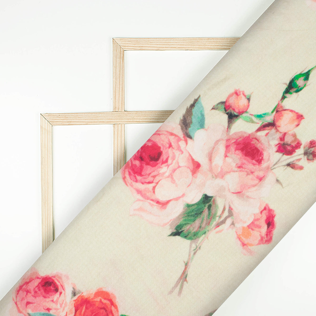 Cream And Rose Red Floral Pattern Digital Print Viscose Muslin Fabric