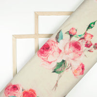 Cream And Rose Red Floral Pattern Digital Print Viscose Muslin Fabric