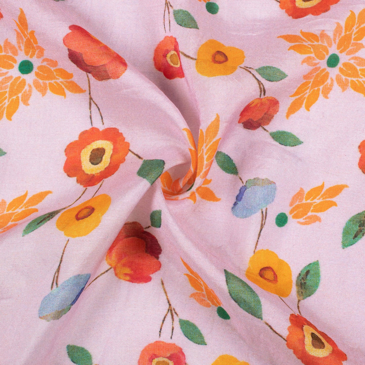 Pale Pink And Dark Orange Floral Pattern Digital Print Viscose Muslin Fabric