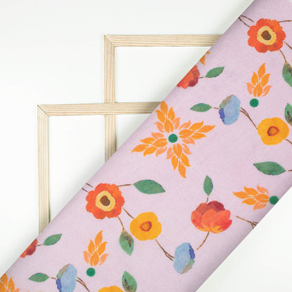 Pale Pink And Dark Orange Floral Pattern Digital Print Viscose Muslin Fabric
