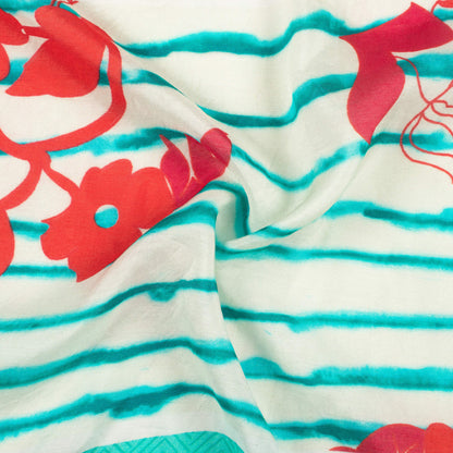 Teal Green And Vermilion Red Floral Pattern Digital Print Viscose Muslin Fabric