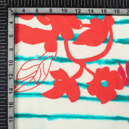 Teal Green And Vermilion Red Floral Pattern Digital Print Viscose Muslin Fabric