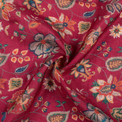 Carmine Red And Green Floral Pattern Digital Print Viscose Muslin Fabric