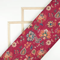 Carmine Red And Green Floral Pattern Digital Print Viscose Muslin Fabric