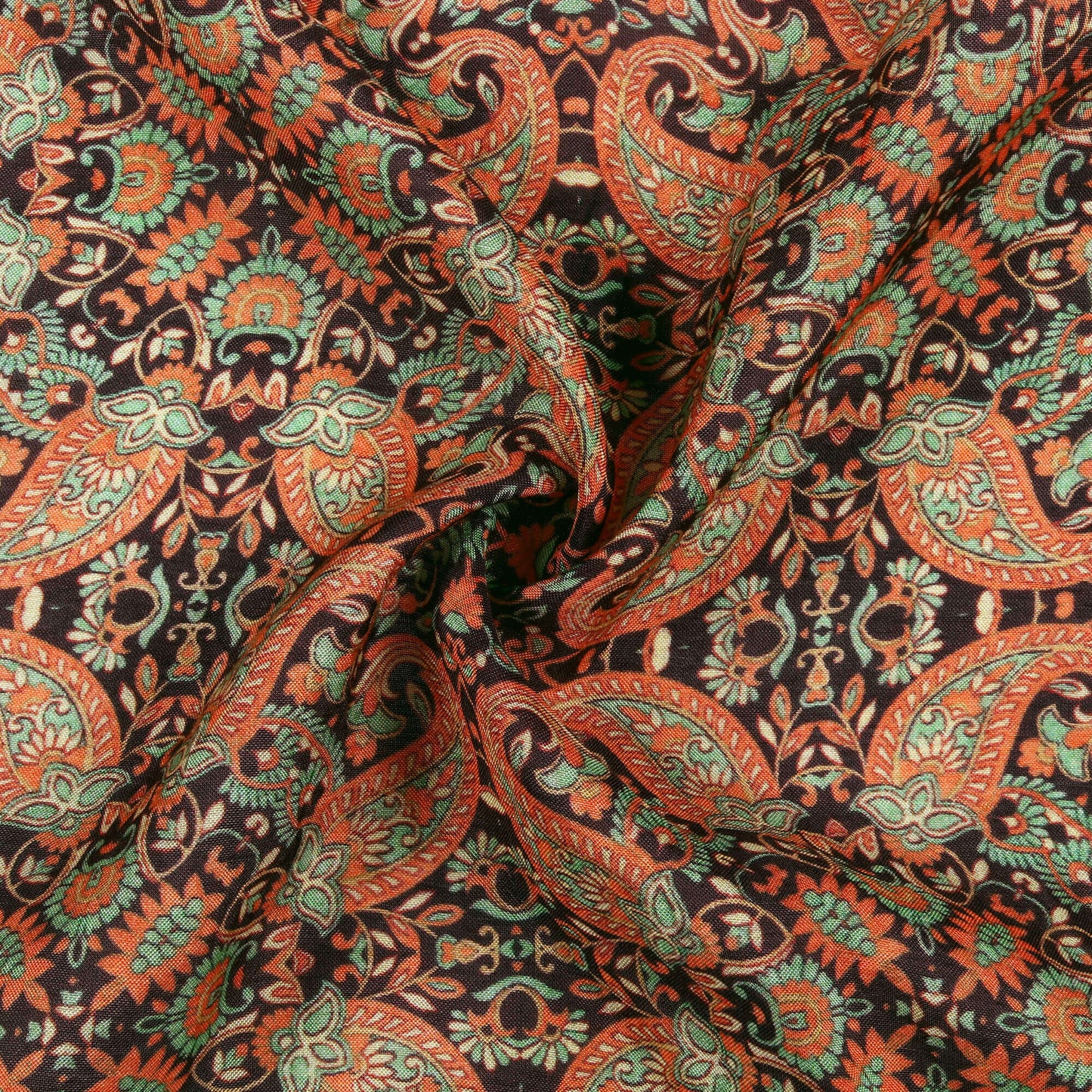 Fern Green And Melon Orange Paisley Pattern Digital Print Viscose Muslin Fabric