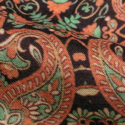 Fern Green And Melon Orange Paisley Pattern Digital Print Viscose Muslin Fabric
