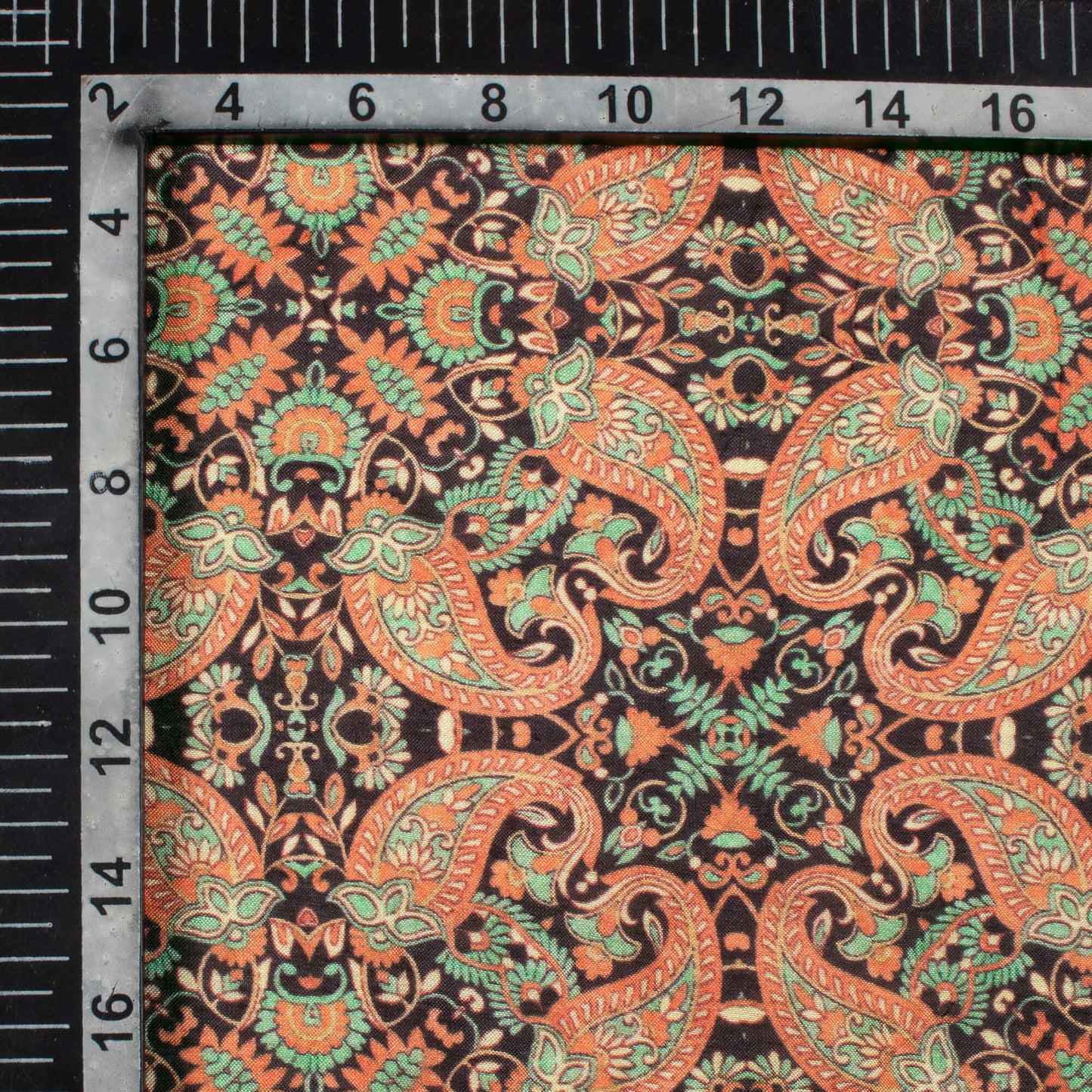 Fern Green And Melon Orange Paisley Pattern Digital Print Viscose Muslin Fabric
