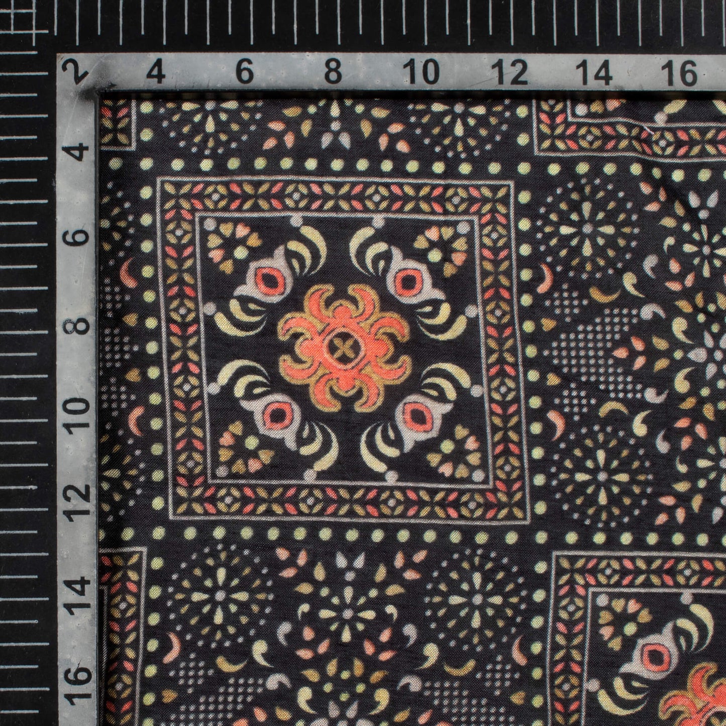 Black And Coral Peach Ethnic Pattern Digital Print Viscose Muslin Fabric