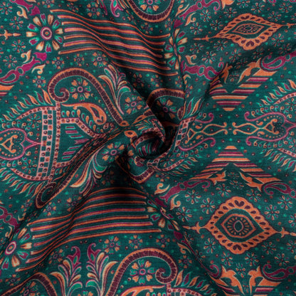 Pine Green And Melon Orange Ethnic Pattern Digital Print Viscose Muslin Fabric