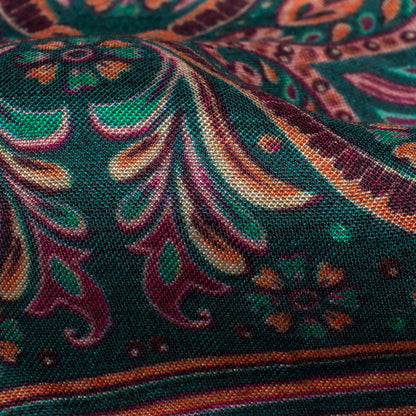 Pine Green And Melon Orange Ethnic Pattern Digital Print Viscose Muslin Fabric