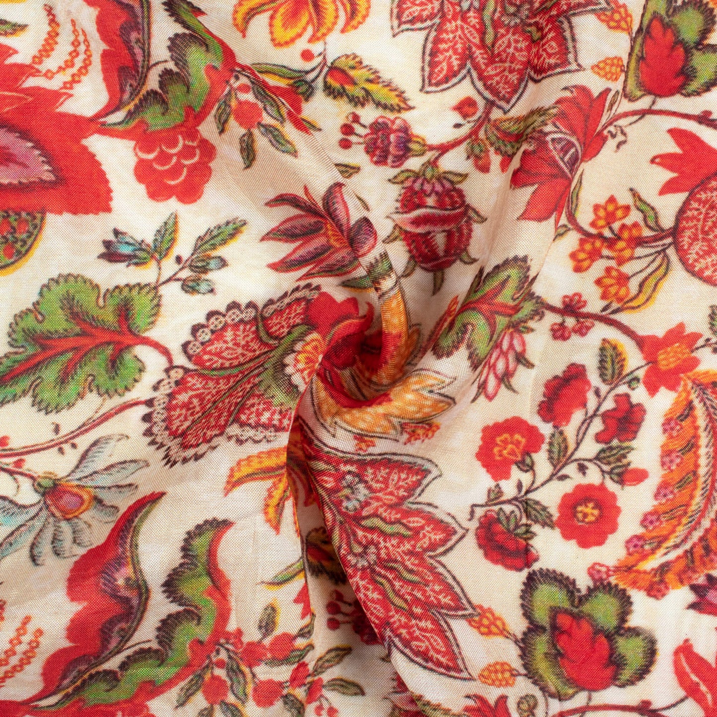 Off White And Blood Red Floral Pattern Digital Print Viscose Muslin Fabric