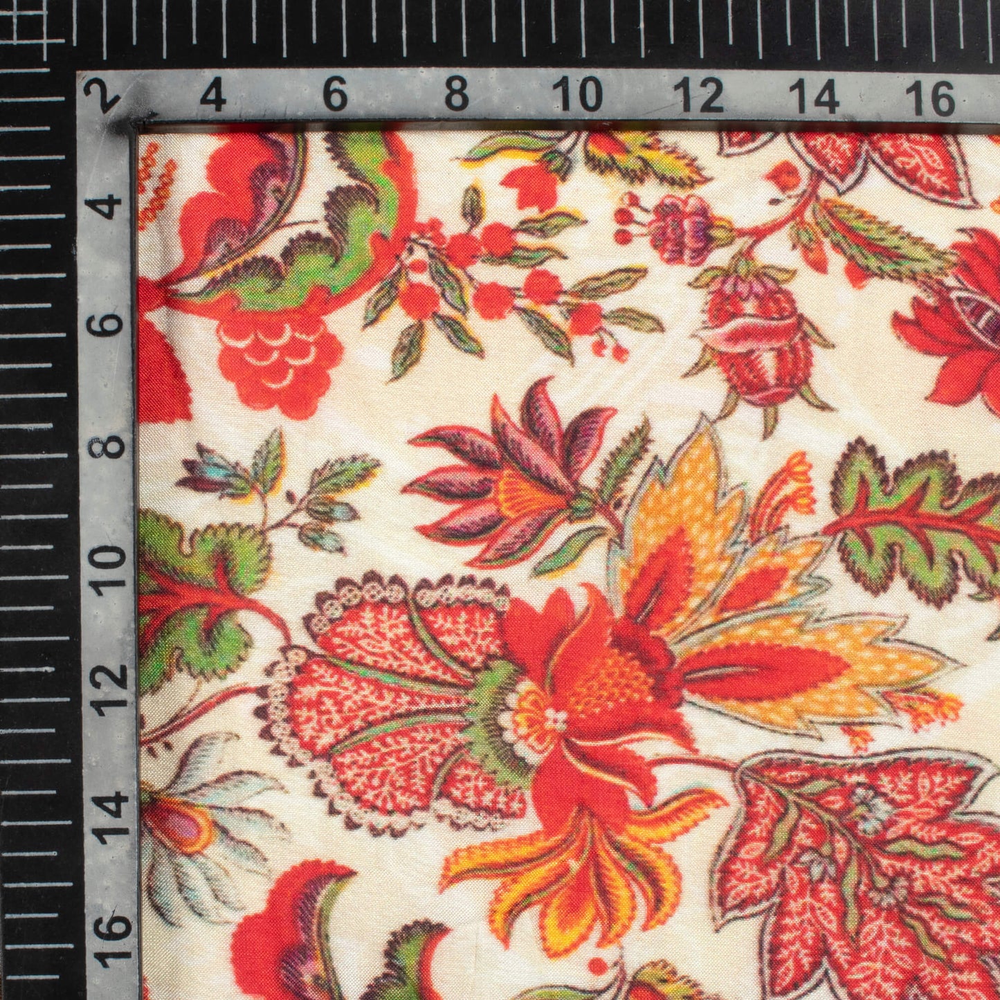 Off White And Blood Red Floral Pattern Digital Print Viscose Muslin Fabric