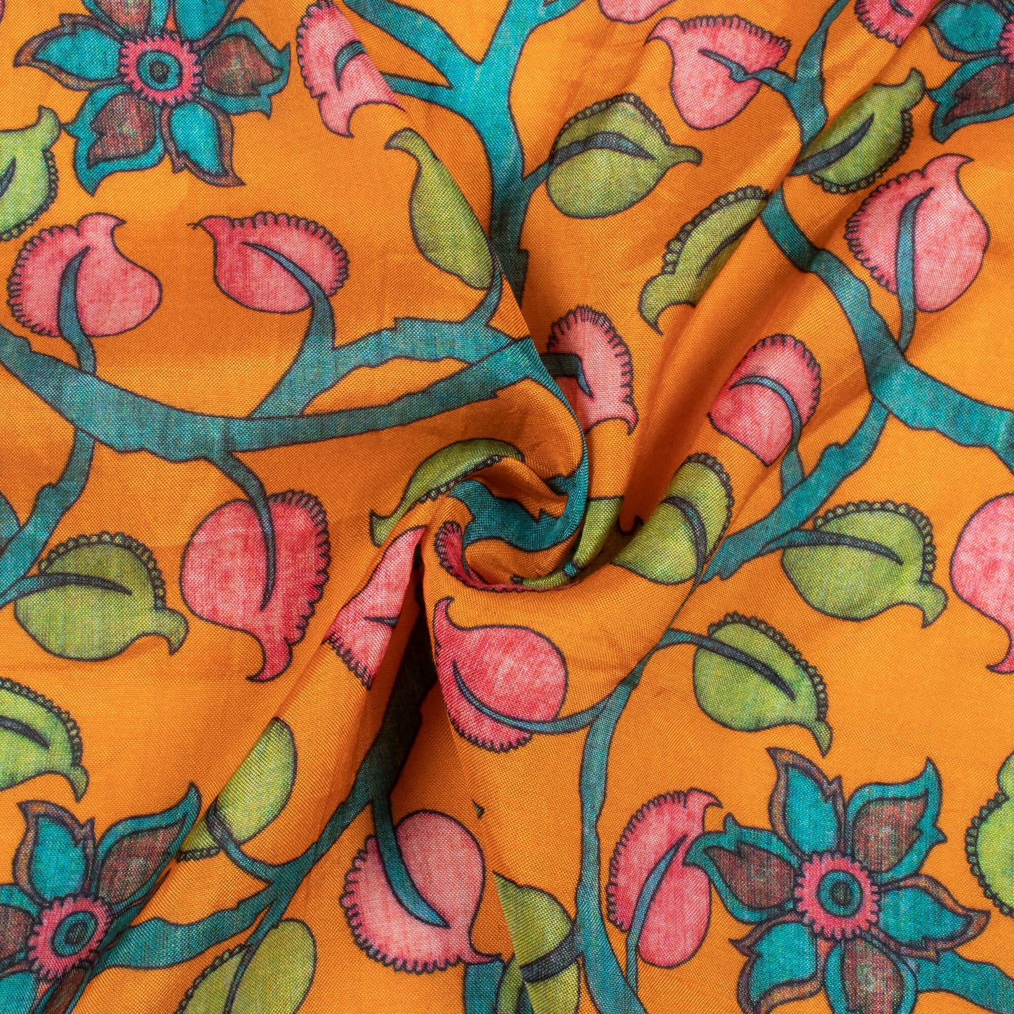 Ochre Orange And Taffy Pink Kalamkari Pattern Digital Print Viscose Muslin Fabric