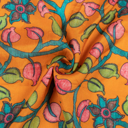 Ochre Orange And Taffy Pink Kalamkrii Pattern Digital Print Viscose Muslin Fabric
