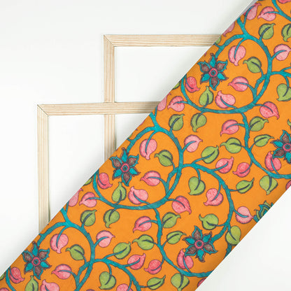 Ochre Orange And Taffy Pink Kalamkrii Pattern Digital Print Viscose Muslin Fabric