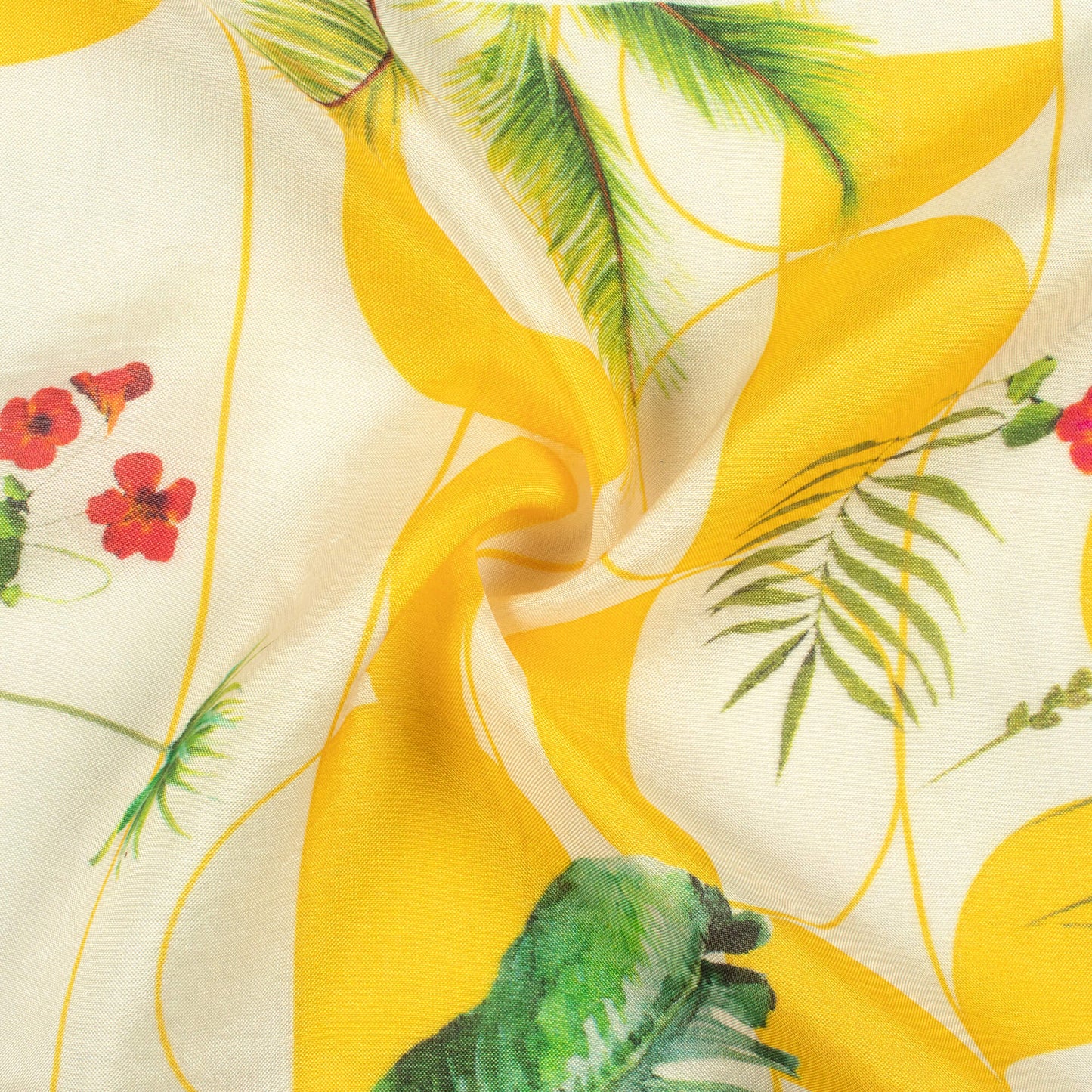 Vivid Yellow And Off White eometric Pattern Digital Print Viscose Muslin Fabric