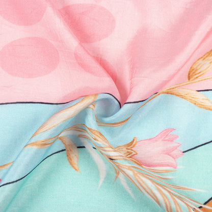 Baby Pink And Sky Blue Leaf Pattern Digital Print Viscose Muslin Fabric