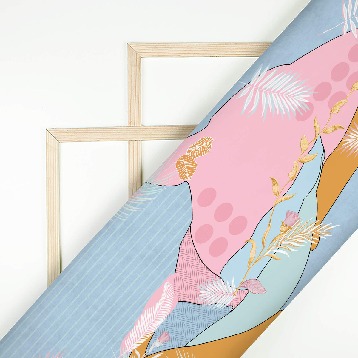 Baby Pink And Sky Blue Leaf Pattern Digital Print Viscose Muslin Fabric