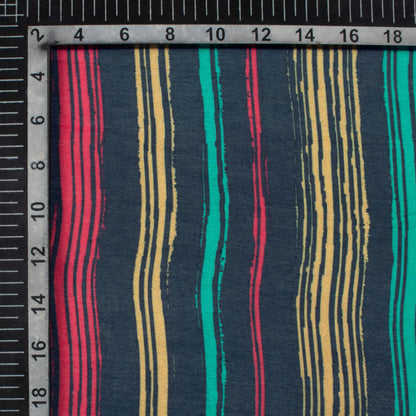 Dark Blue And Aqua Green Stripes Pattern Digital Print Viscose Muslin Fabric