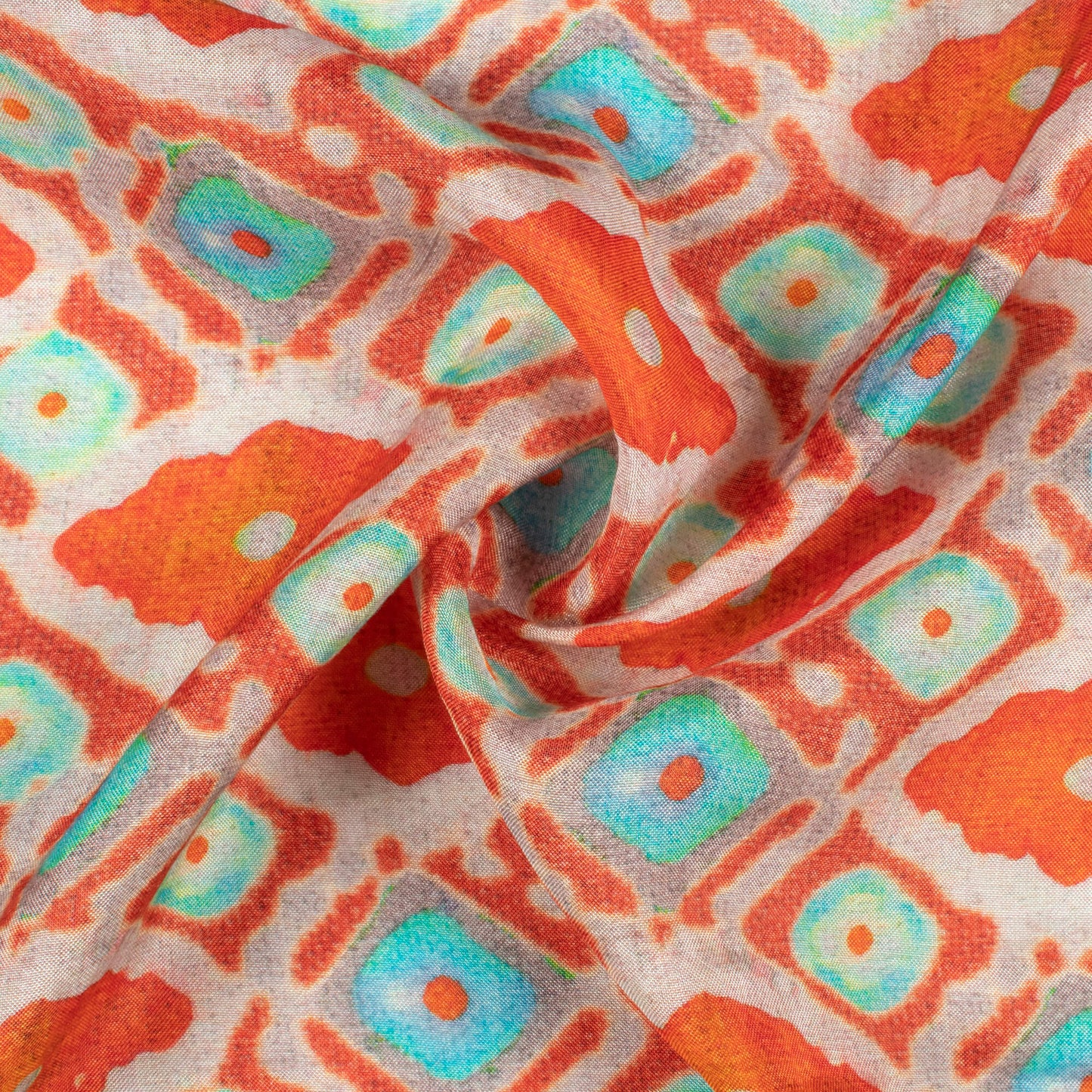 Burnt Orange And Sky Blue Trellis Pattern Digital Print Viscose Muslin Fabric
