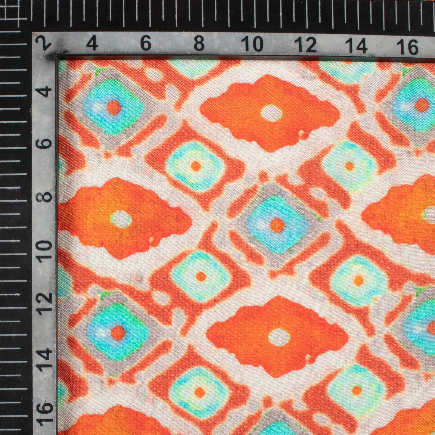 Burnt Orange And Sky Blue Trellis Pattern Digital Print Viscose Muslin Fabric