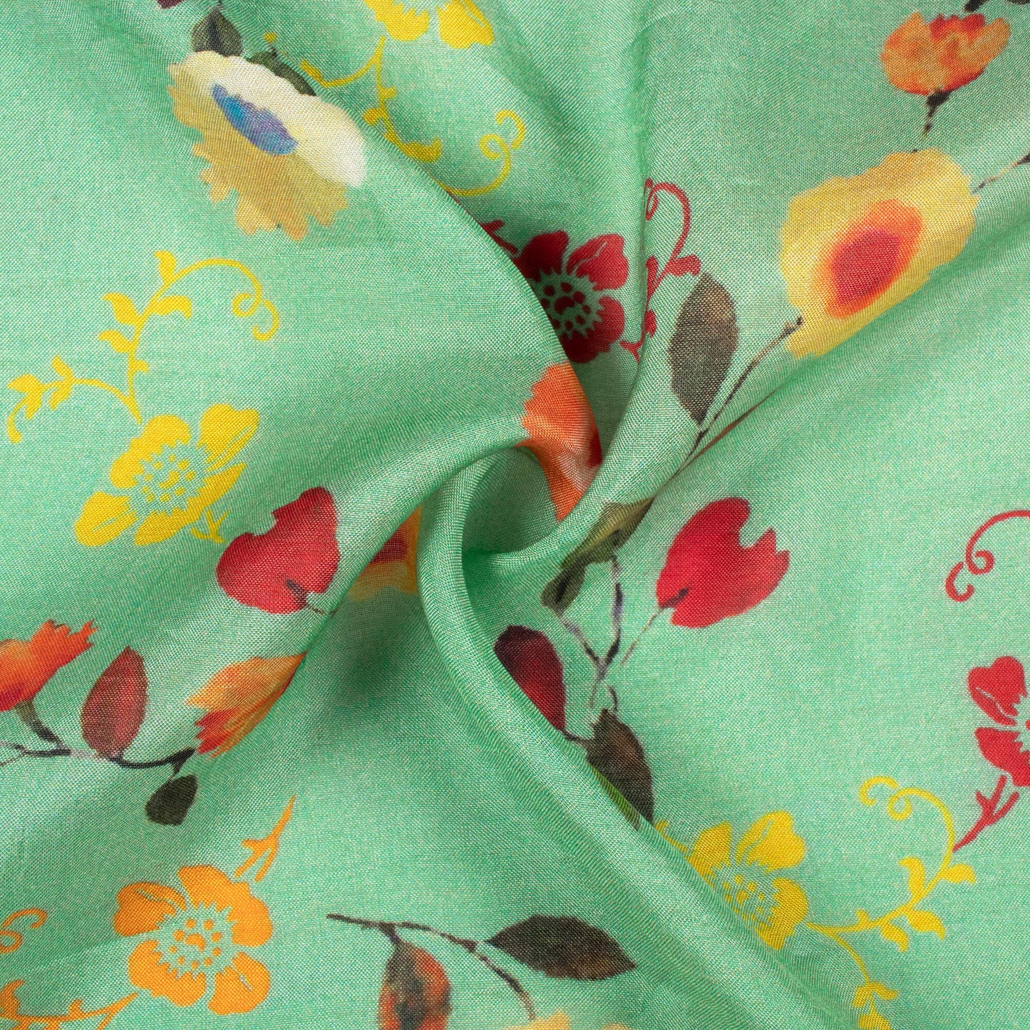 Viridian Green And Maroon Floral Pattern Digital Print Viscose Muslin Fabric