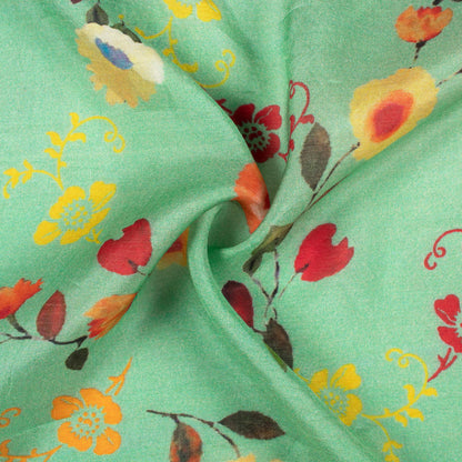 Viridian Green And Maroon Floral Pattern Digital Print Viscose Muslin Fabric