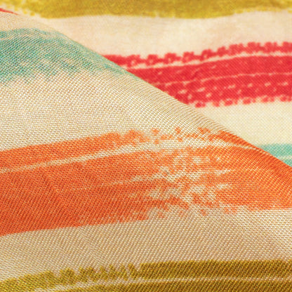 Olive Green And Maroon Stripes Pattern Digital Print Viscose Muslin Fabric