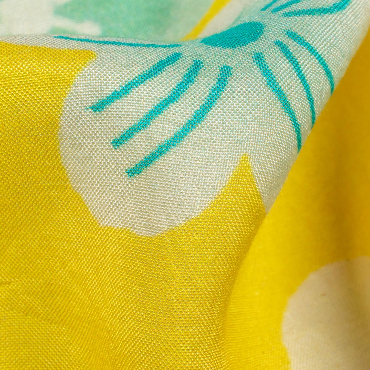 Bumblebee Yellow And Teal Green Floral Pattern Digital Print Viscose Muslin Fabric