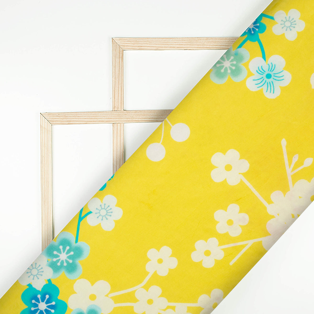 Bumblebee Yellow And Teal Green Floral Pattern Digital Print Viscose Muslin Fabric