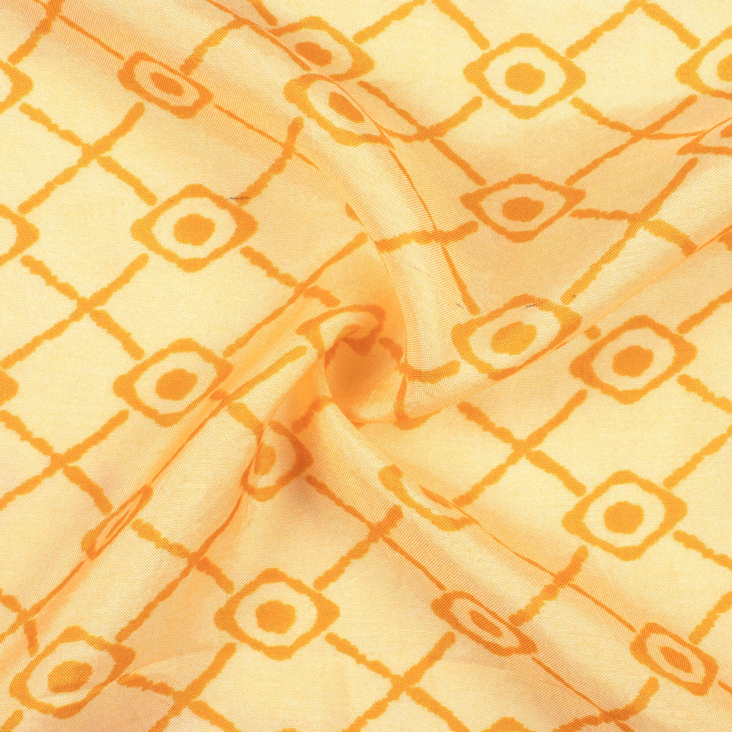 Pastel Mustard Yellow And Orange Geometric Pattern Digital Print Viscose Muslin Fabric