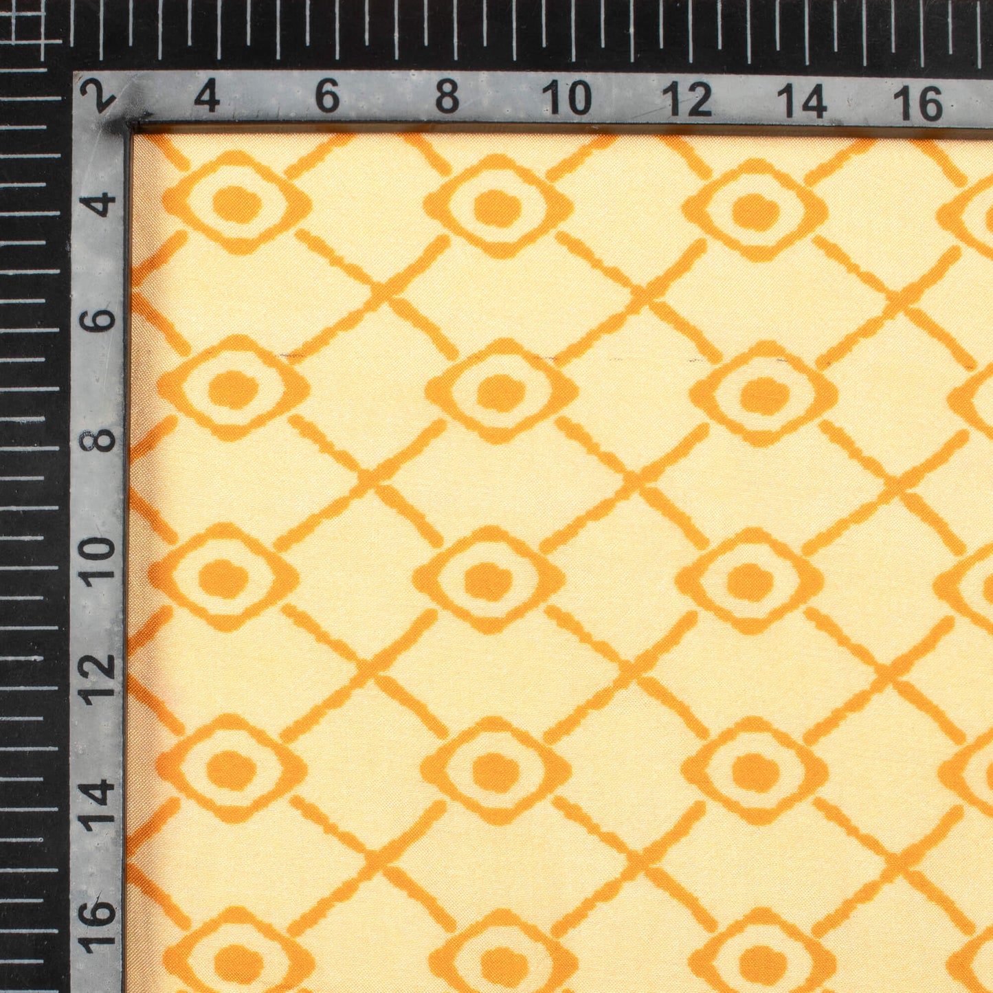Pastel Mustard Yellow And Orange Geometric Pattern Digital Print Viscose Muslin Fabric