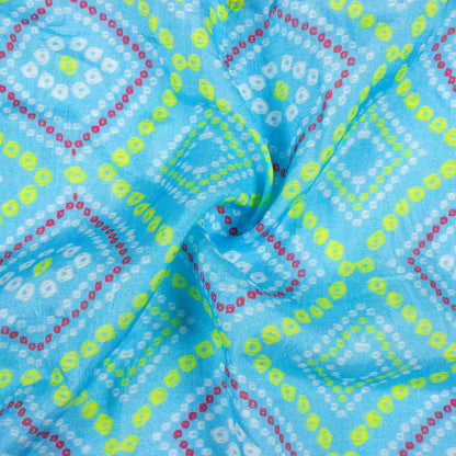 Arctic Blue And Lemon Yellow Bandhanii Pattern Digital Print Viscose Muslin Fabric
