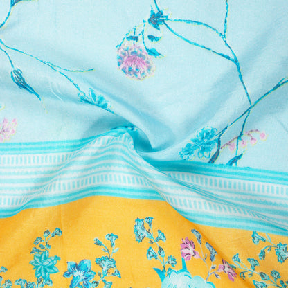 Baby Blue And Honey Yellow Daman Pattern Digital Print Viscose Muslin Fabric