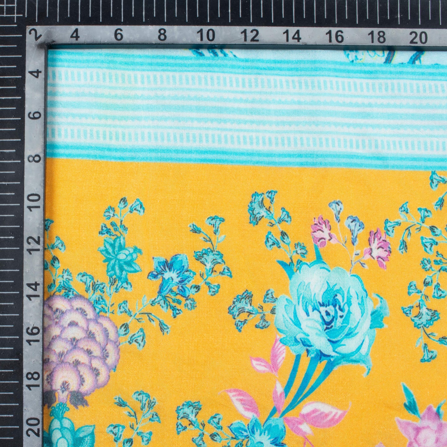 Baby Blue And Honey Yellow Daman Pattern Digital Print Viscose Muslin Fabric