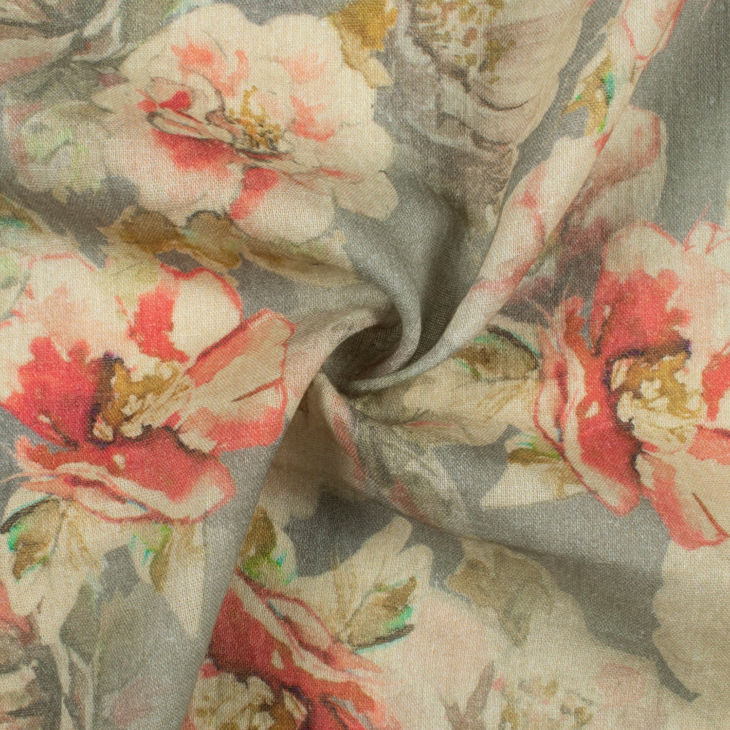 Lava Grey And Blush Red Floral Pattern Digital Print Pure Cotton Mulmul Fabric