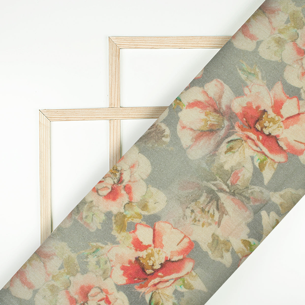 Lava Grey And Blush Red Floral Pattern Digital Print Pure Cotton Mulmul Fabric