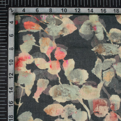 Black And Off White Leaf Pattern Digital Print Pure Cotton Mulmul Fabric