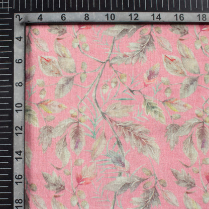 Carnation Pink And Dolphin Grey Leaf Pattern Digital Print Pure Cotton Mulmul Fabric