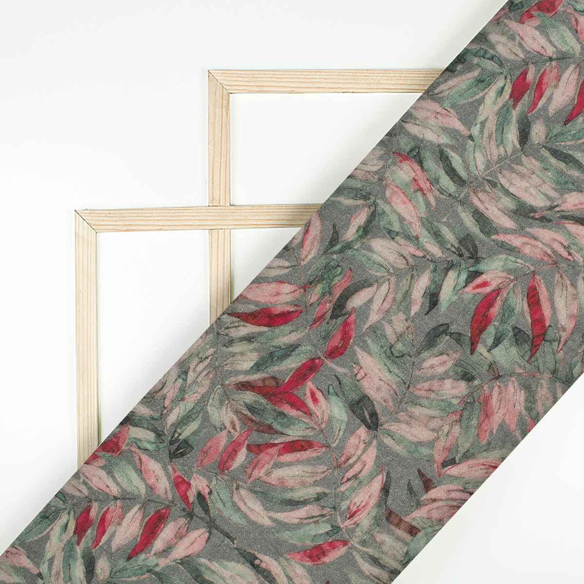 Charcoal Grey And Red Leaf Pattern Digital Print Pure Cotton Mulmul Fabric