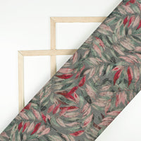 Charcoal Grey And Red Leaf Pattern Digital Print Pure Cotton Mulmul Fabric