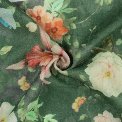 Hunter Green And White Floral Pattern Digital Print Pure Cotton Mulmul Fabric