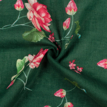 Sacramento Green And Red Floral Pattern Digital Print Pure Cotton Mulmul Fabric