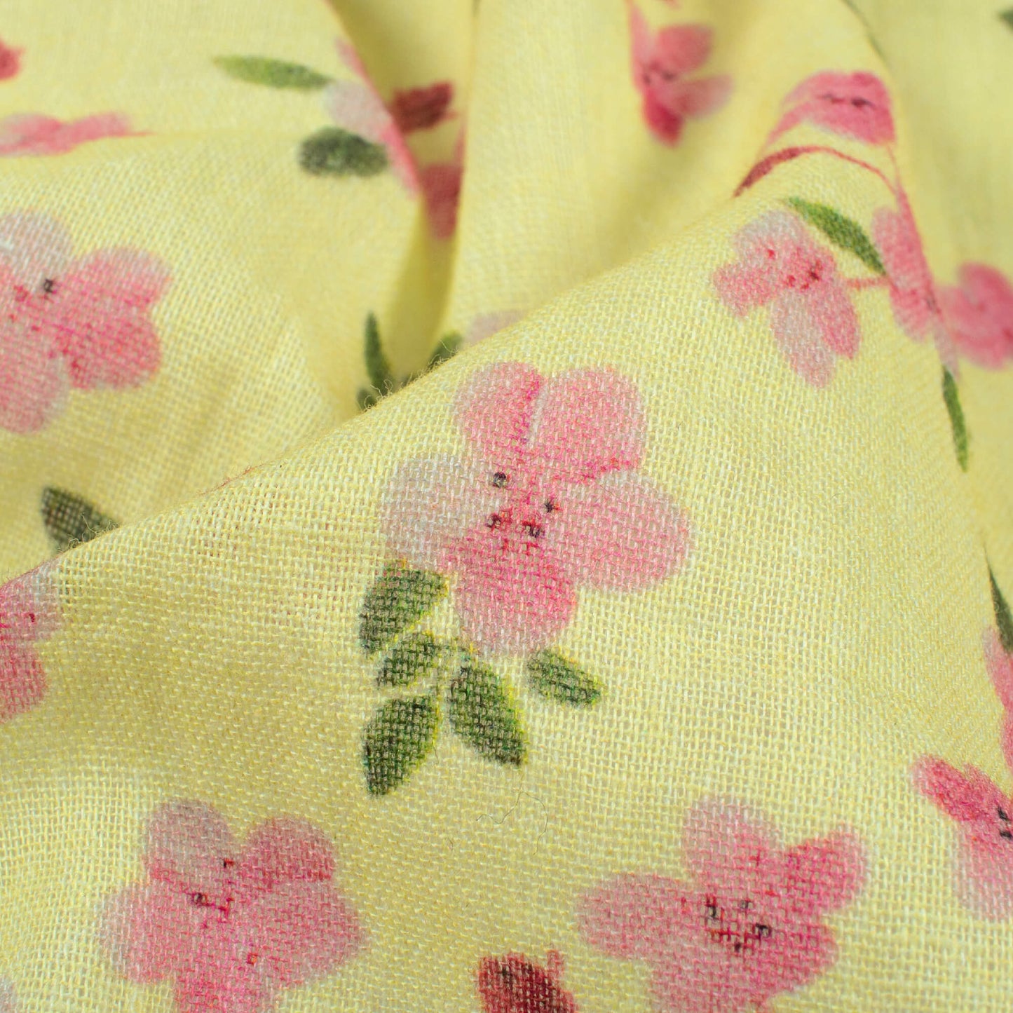 Lemon Yellow And Baby Pink Floral Pattern Digital Print Pure Cotton Mulmul Fabric